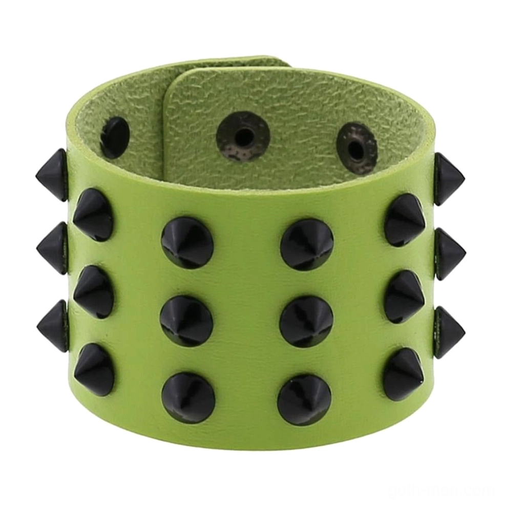 Orange vegan leather wide spike bracelet front display with cone spike details