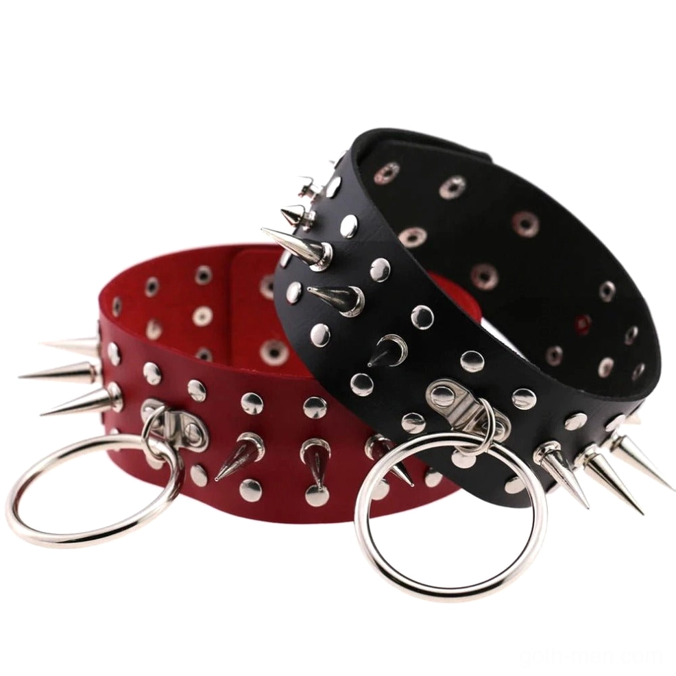 Orange PU leather oversized choker with metal spikes and O-ring detail front view