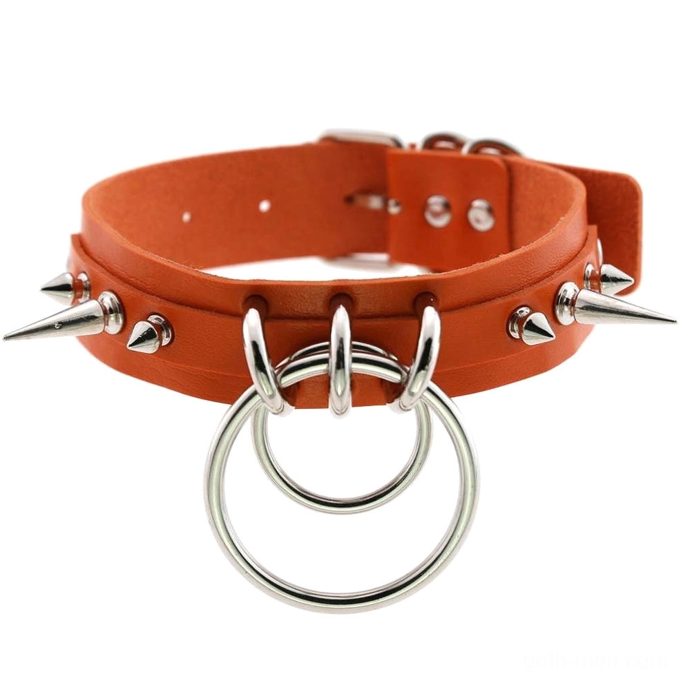 Orange spiked leather gothic choker with adjustable buckle and metal spike decorations