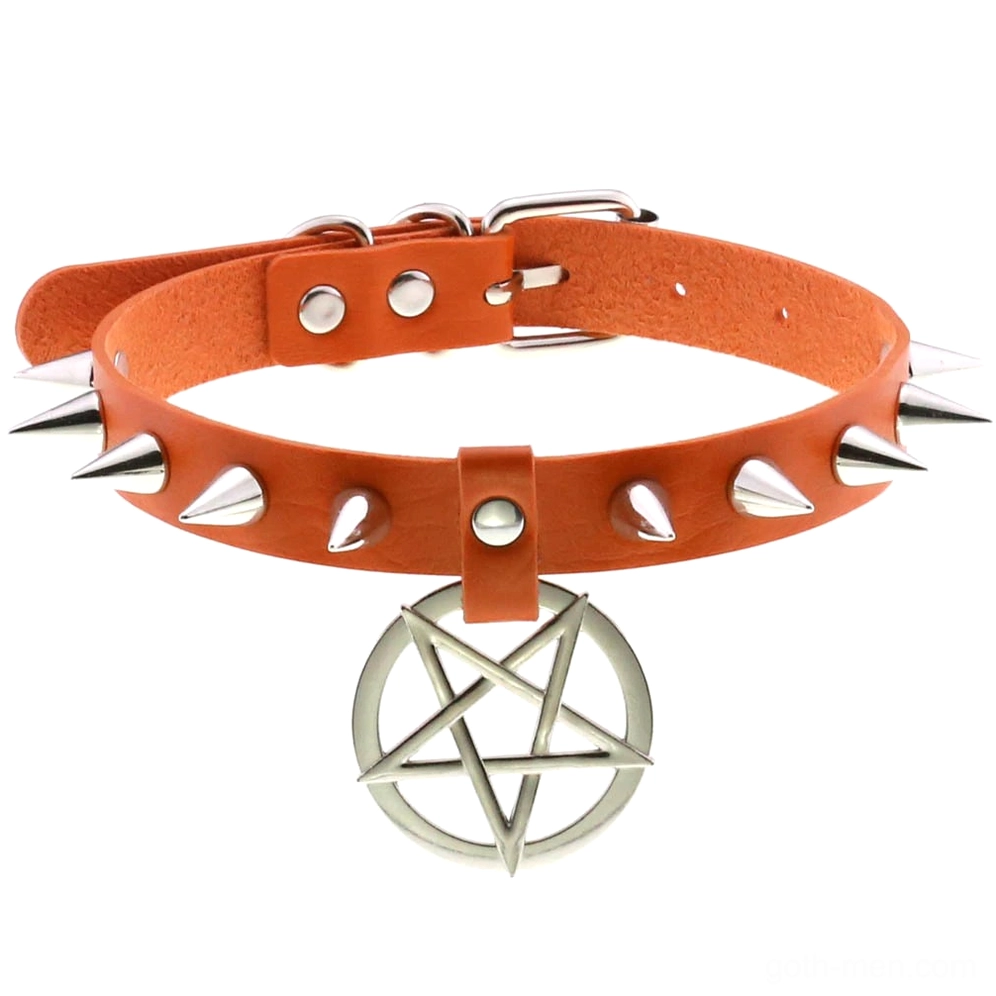 Orange leather spiked choker with silver pentagram charm and metal details