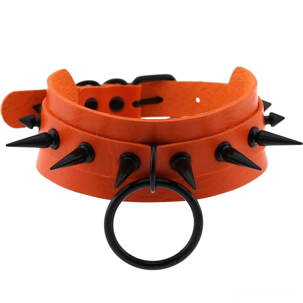 Orange spiked leather choker with black metal studs - bold gothic punk necklace variant