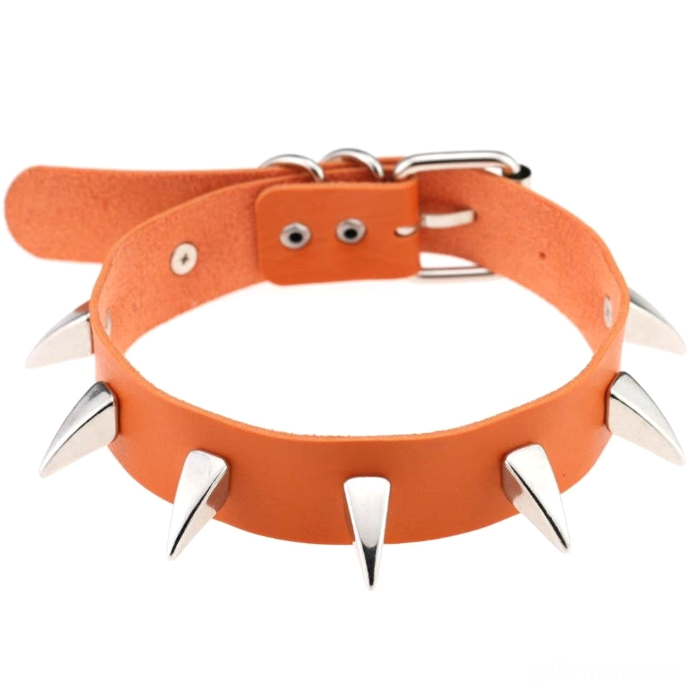 Orange spiked leather choker with silver spike decorations bold gothic statement