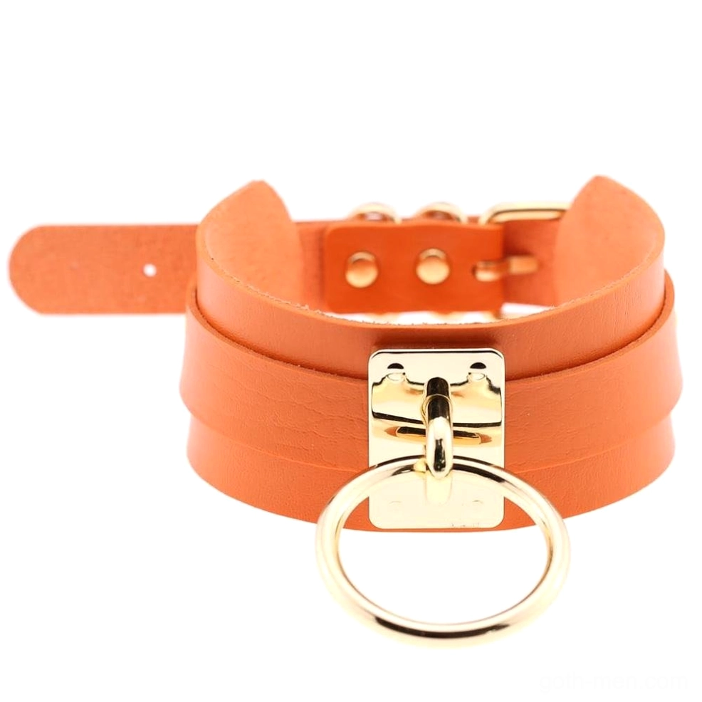Terracotta burnt orange PU leather bondage choker with matching gold metal hardware and double layers