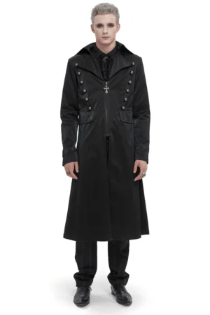 Ornate cross button black leather gothic coat front view on male model in studio setting