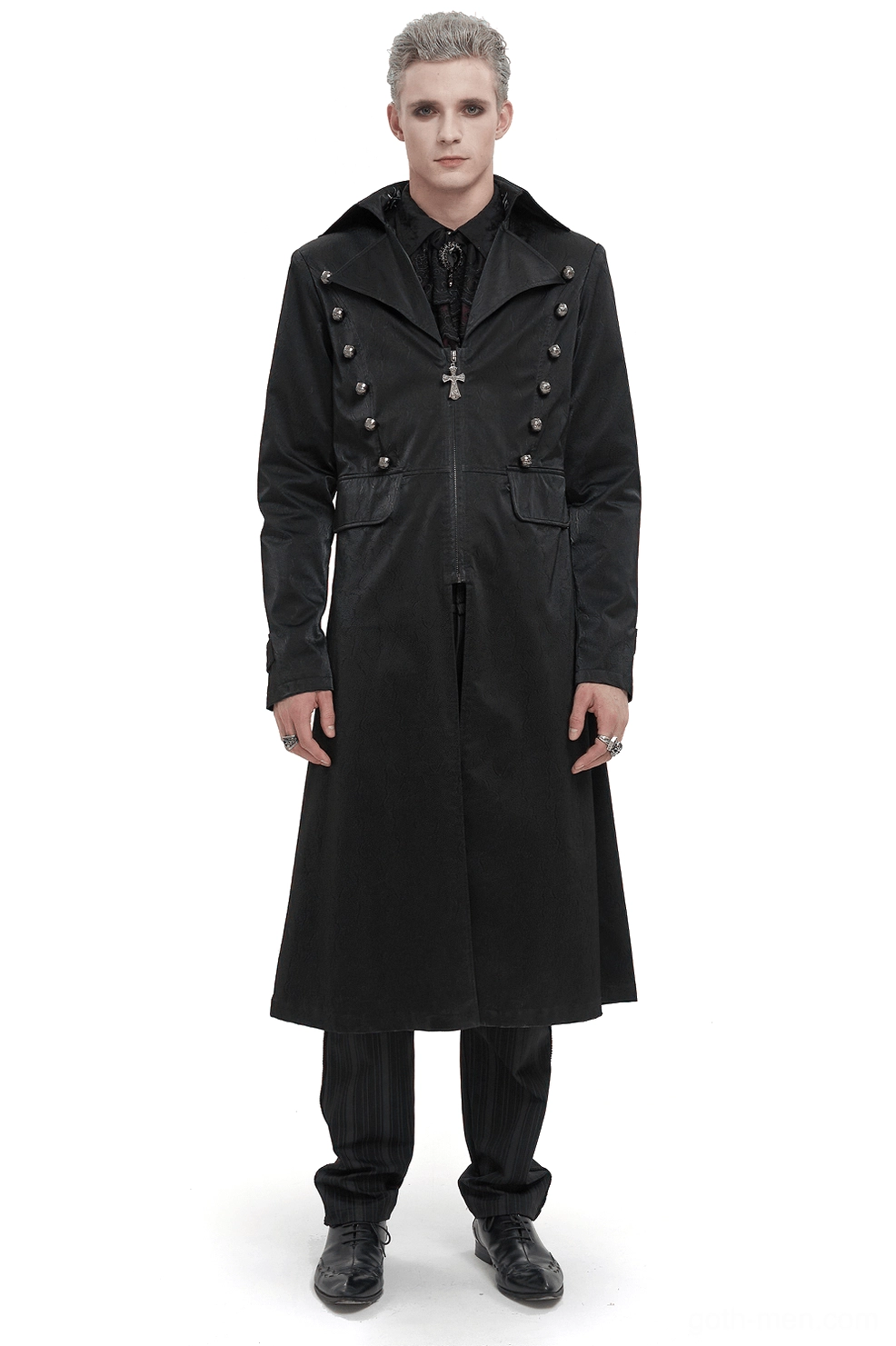 Ornate cross button black leather gothic coat front view on male model in studio setting