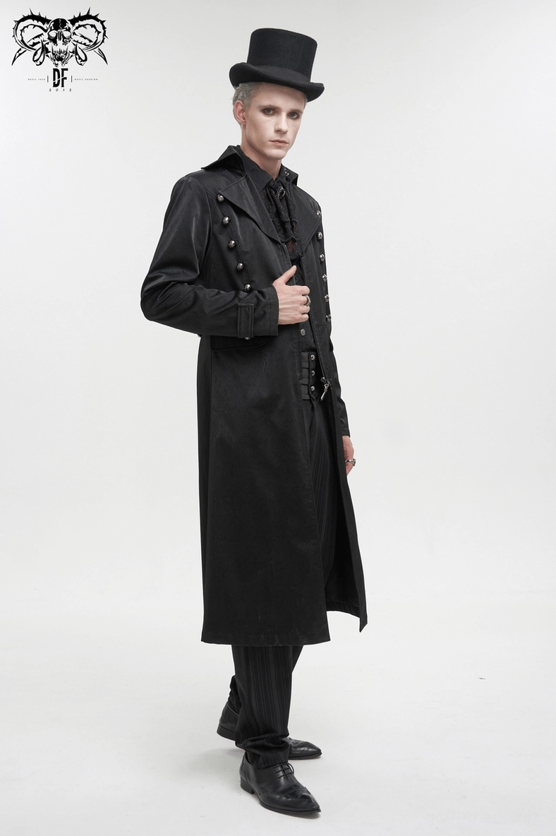 Ornate cross button gothic long coat overall presentation front view