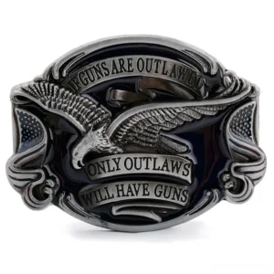 Outlaw Eagle Gothic Belt Buckle front view with antique silver finish and black enamel 'Only Outlaws Will Have Guns' engraving on white background