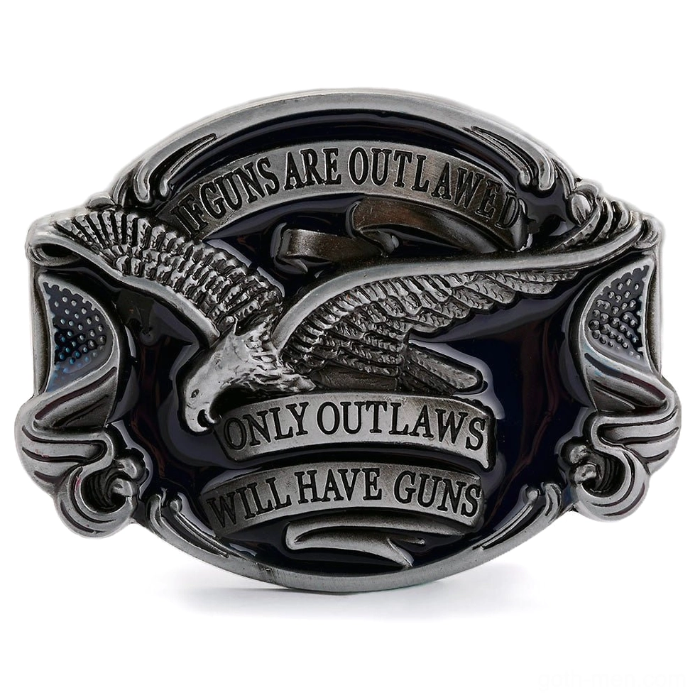 Outlaw Eagle Gothic Belt Buckle front view with antique silver finish and black enamel 'Only Outlaws Will Have Guns' engraving on white background