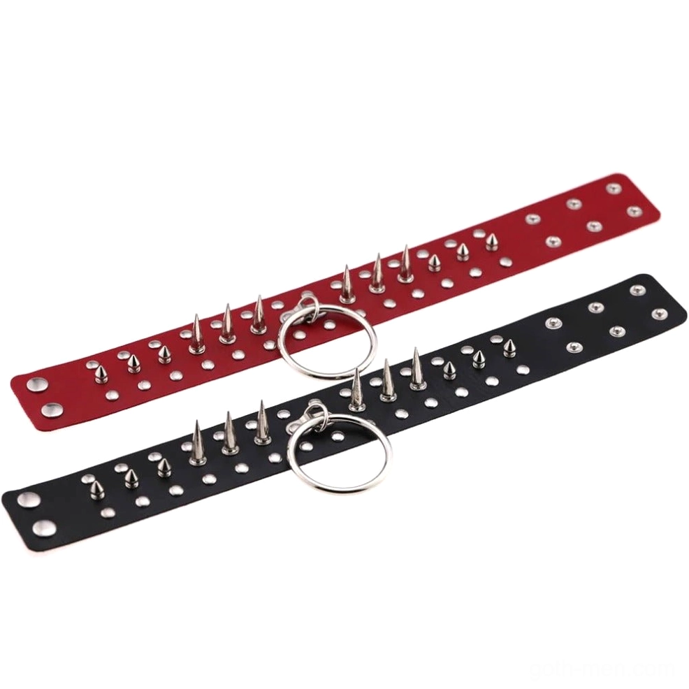 Industrial gothic oversized spike choker multi-angle showing band width and hardware quality