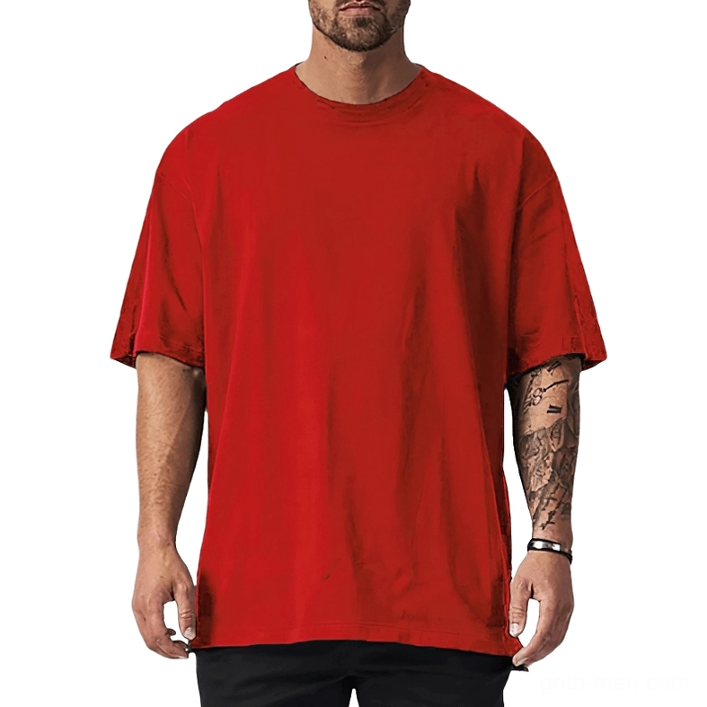 Deep red oversized gothic crew neck t-shirt with relaxed fit and dropped shoulders