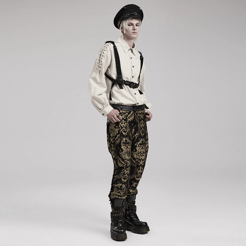 Gothic alternative mens linen shirt showing relaxed oversized fit, voluminous sleeves, and chain hardware detail