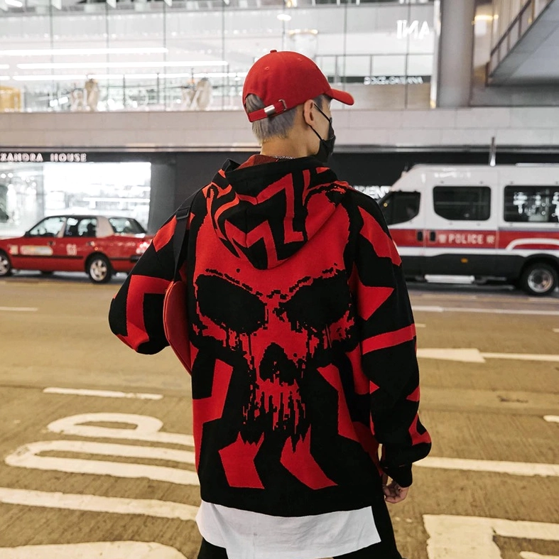 Oversized skull print gothic knit hoodie full body view dark alternative streetwear style
