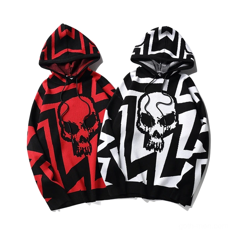 Oversized gothic skull knit hoodies flat lay comparison red-black and black-white colorways