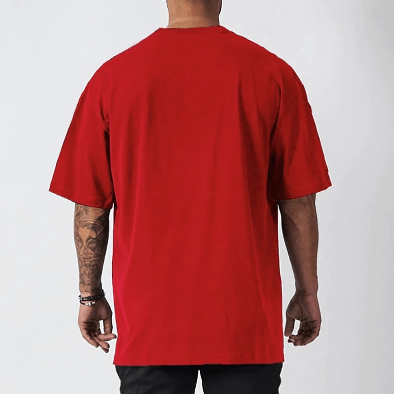 Red oversized gothic crew neck t-shirt on mannequin, dropped shoulder silhouette detail