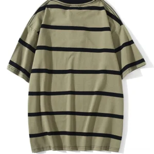 Oversized striped gothic t-shirt back view olive base with black horizontal stripes, flat lay on white background