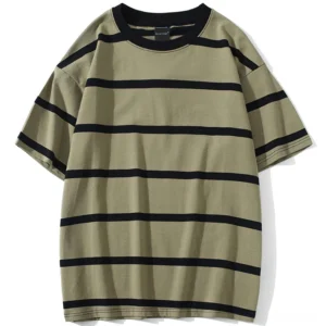 Oversized striped gothic t-shirt front view olive base with black horizontal stripes, flat lay on white background