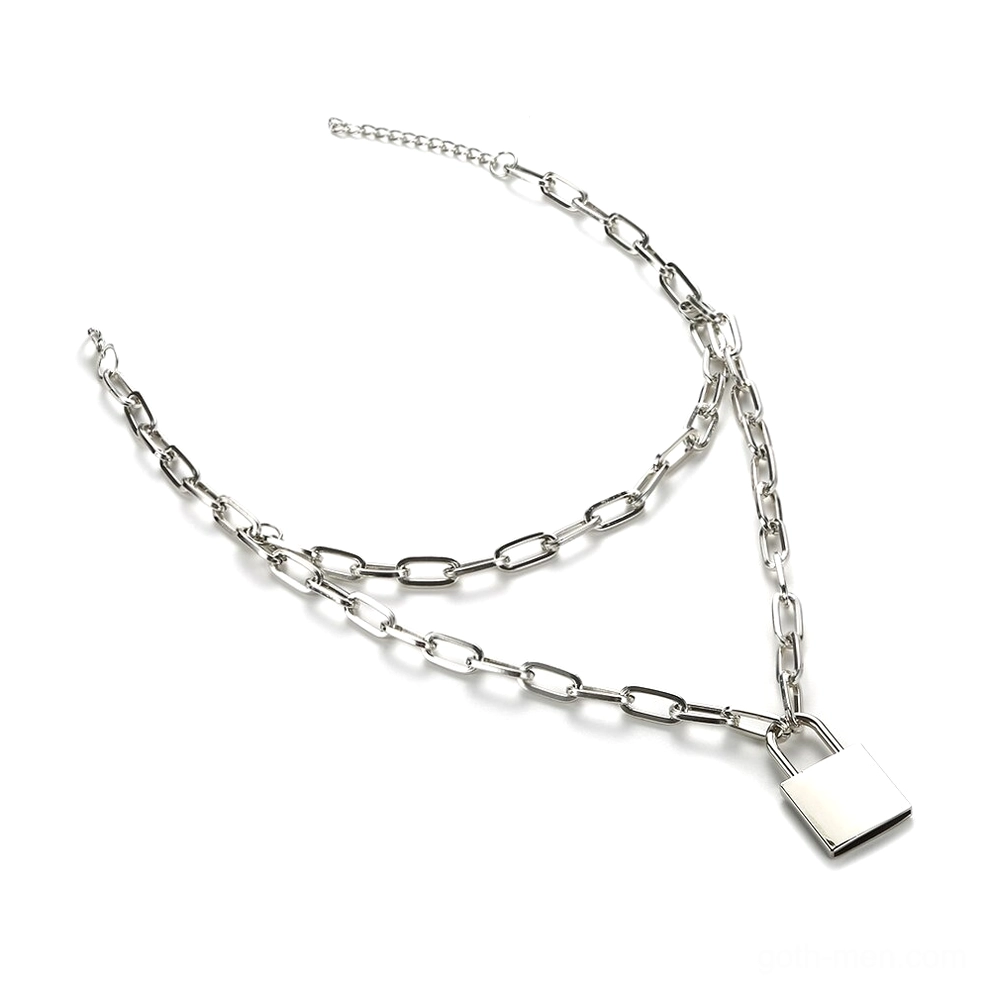 Double layer padlock chain necklace flat lay top view, silver metal square lock pendant with chain length measurement