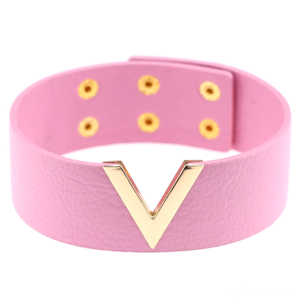 Pastel pink leather V-choker with gold metal accent - romantic gothic choker