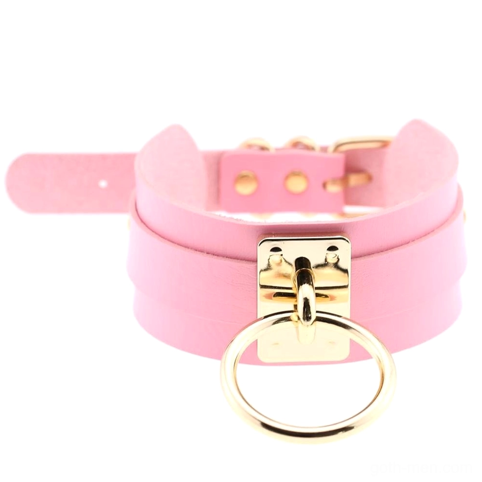 Pastel pink soft PU leather bondage choker featuring adjustable buckle, O-ring, and gold hardware