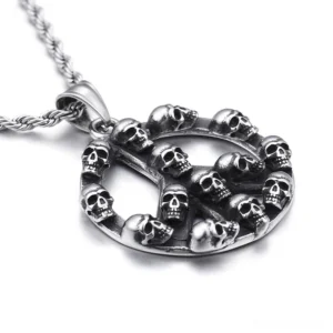 Gothic peace skull pendant necklace with twisted rope chain side angle showing aged silver finish and detailed skull ornamentation