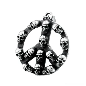 Memento mori peace skull pendant gothic necklace titanium steel front close-up view with intricate 3D skull embellishment