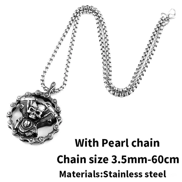 Pearl chain skull engine gothic necklace 3.5mm stainless steel biker