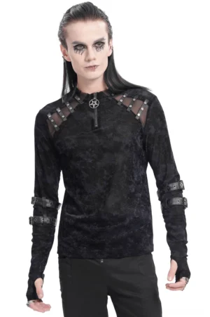 Black pentagram zipper gothic long-sleeved top front view on male model with gothic makeup