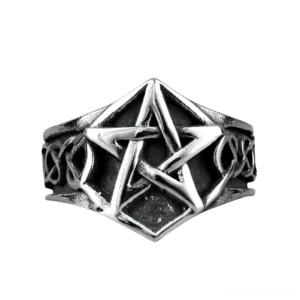 Stainless steel pentagram ring with Celtic knot engravings, front flat view on white background