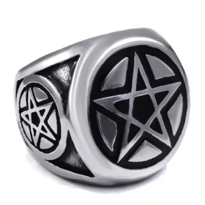 Pentagram gothic occult ring front three-quarter view polished silver metal black enamel star