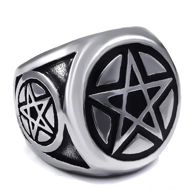 Pentagram gothic occult ring front three-quarter view polished silver metal black enamel star