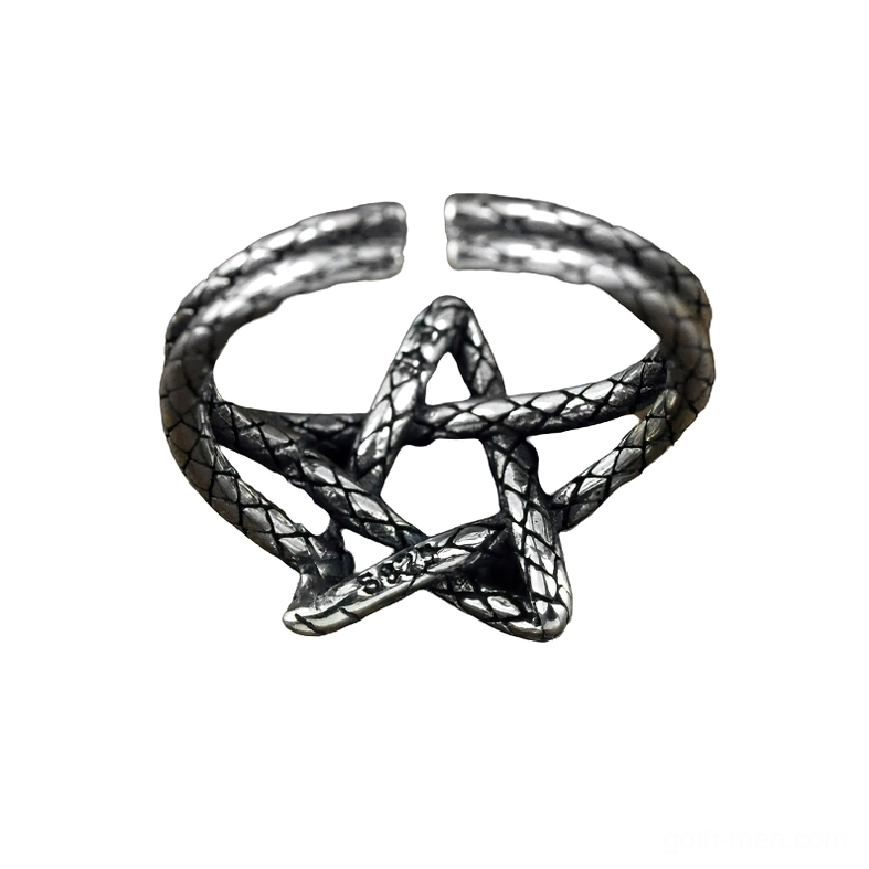 Pentagram open ring front view sterling silver vintage gothic adjustable band