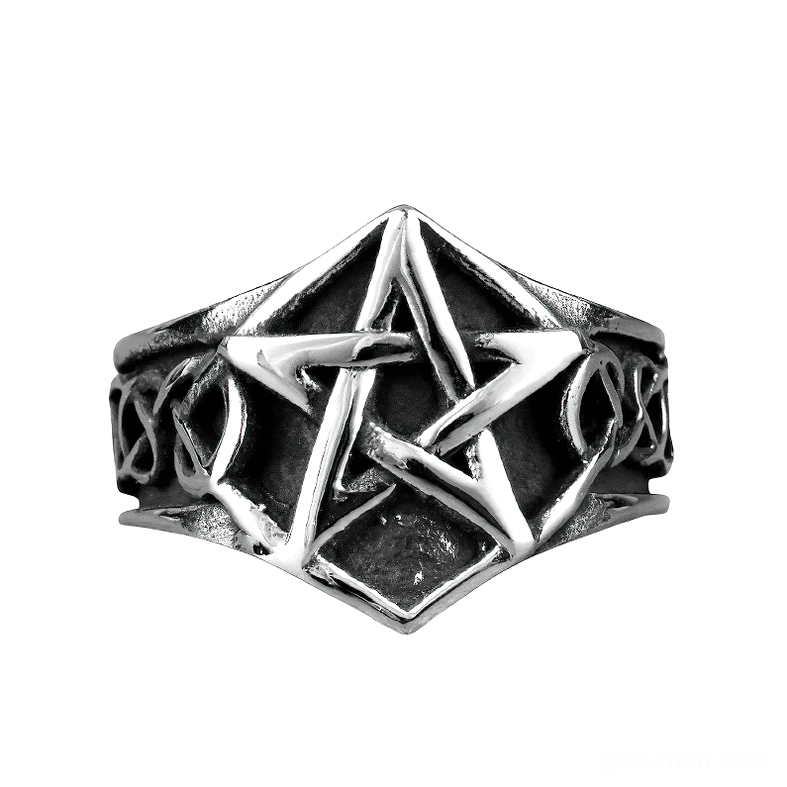 Stainless steel pentagram ring with Celtic knot engravings, front flat view on white background