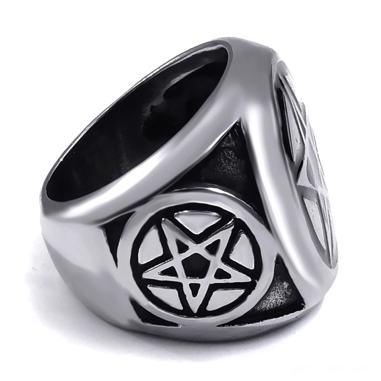 Pentagram occult ring low side angle polished silver finish inner band visible