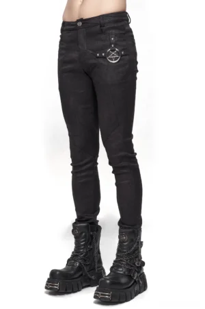 Black pentagram metal charm gothic slim pants men front three-quarter view studio