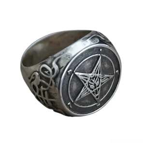 Pentagram ring side top view engraved occult details dark patina stainless steel