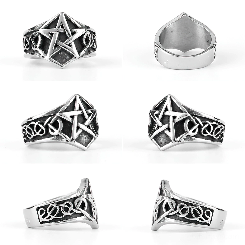 Multiple angles of stainless steel pentagram ring displaying design from six perspectives including inner band detail