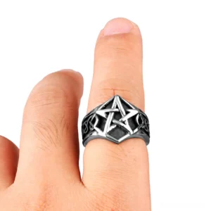 Pentagram ring worn on finger, side profile view showing vintage silver-black finish and Celtic details
