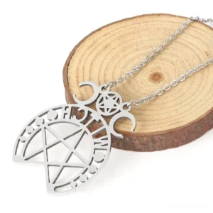 Pentagram witch stainless steel gothic necklace dimensions and specifications overhead view