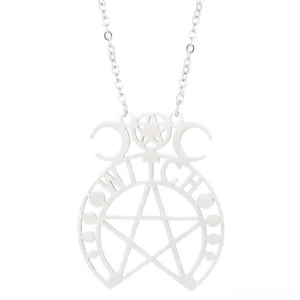 Silver pentagram witch gothic necklace pendant front view detailed cutout design