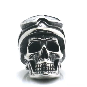 Front view of gothic aviator skull pendant with prominent pilot's goggles and detailed cranium structure in stainless steel
