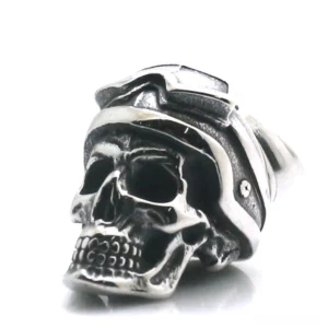 Aviator skull gothic pendant side view showing detailed pilot goggles integrated with skeleton design in aged silver stainless steel
