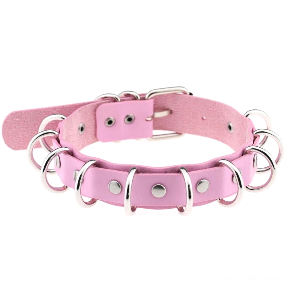 Hot pink faux leather gothic choker with silver metal rings statement necklace on white background