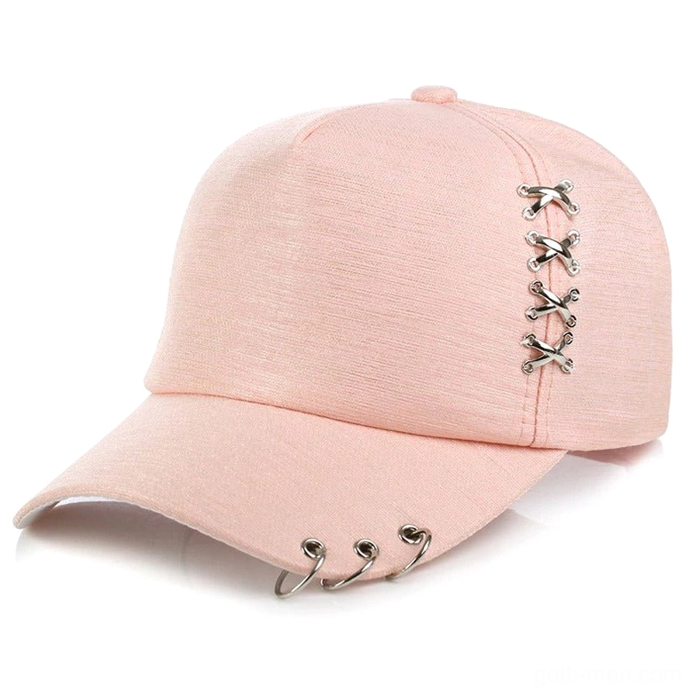 Pink metal ring gothic baseball cap with cross buckles and brim decorations front three-quarter view