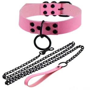 Pink PU leather bondage choker with metal hardware and detachable leather chain leash - flat lay product showcase