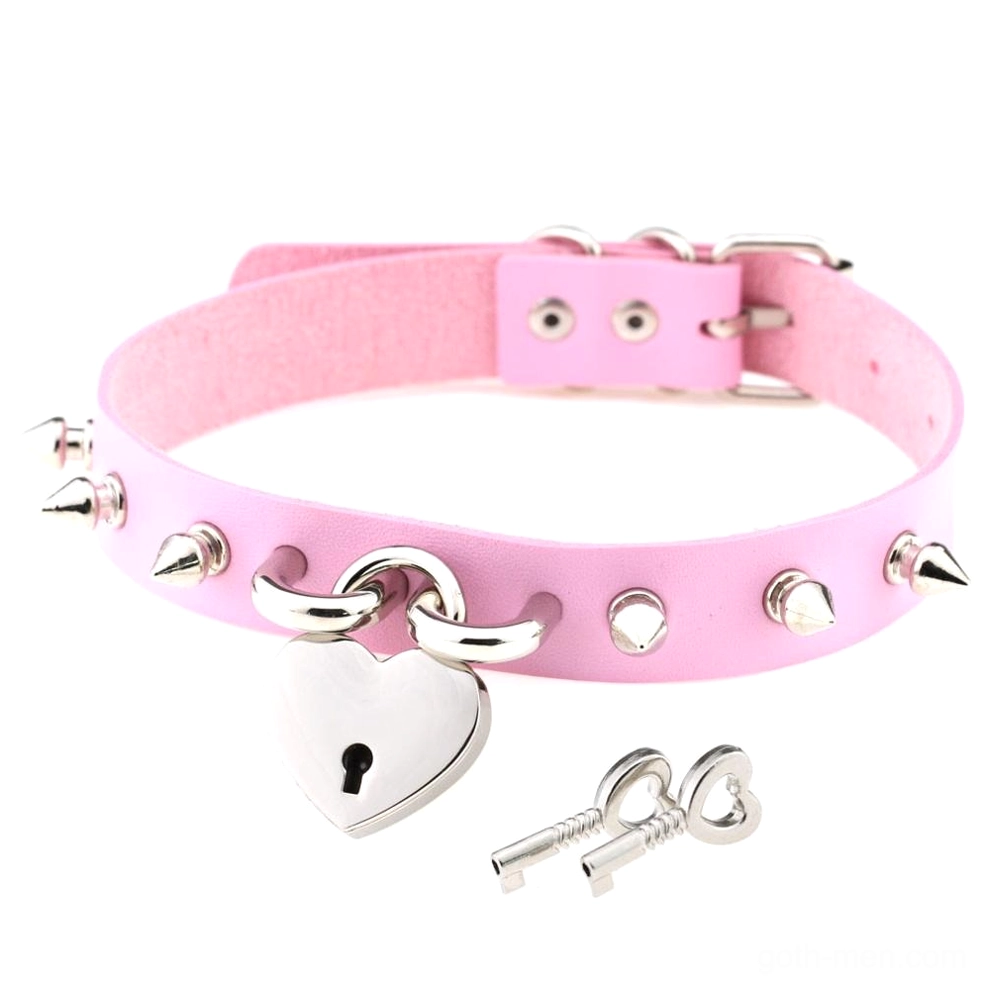 Pink gothic heart lock spike choker with silver hardware and matching key pendant