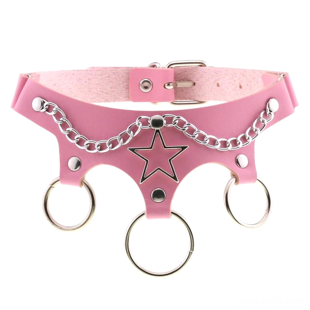 Pink leather gothic star choker with metal ring accents