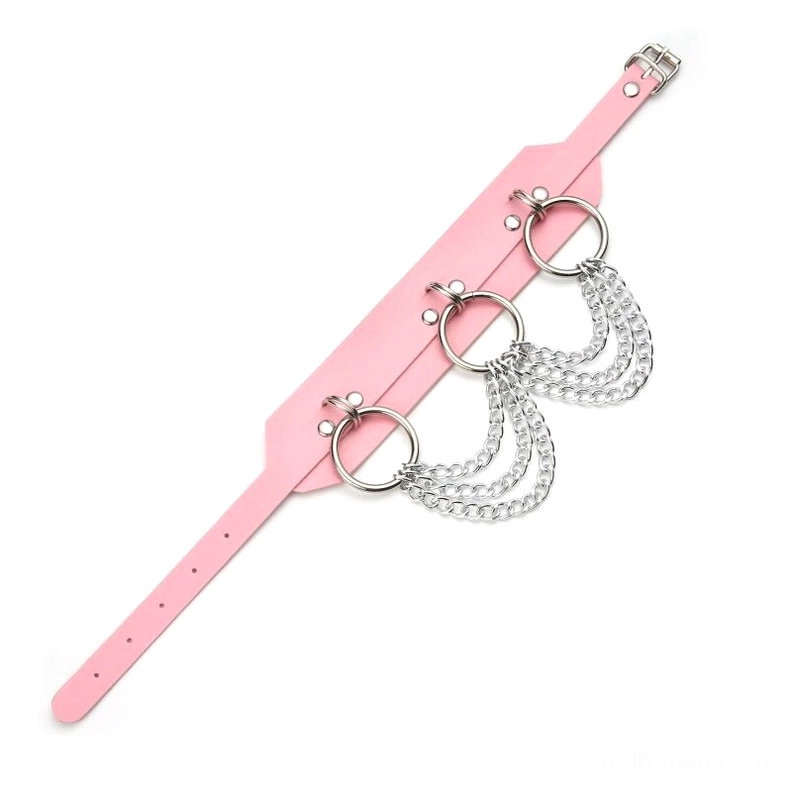 Pink leather O-ring chain choker gothic style necklace side flat lay with dual silver chains