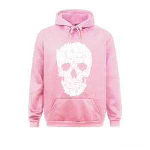 Pink oversized gothic skull and cat print hoodie with drawstring hood front flat lay