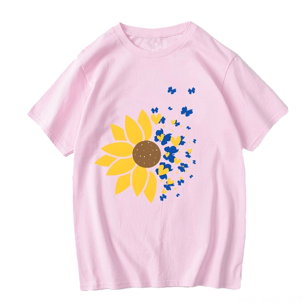 Pastel pink oversized cotton tee with yellow sunflower and blue heart print design