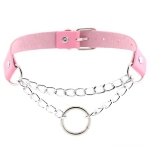 Pastel pink faux leather chain choker with double silver chains and O-ring detail, adjustable gothic punk style necklace front view